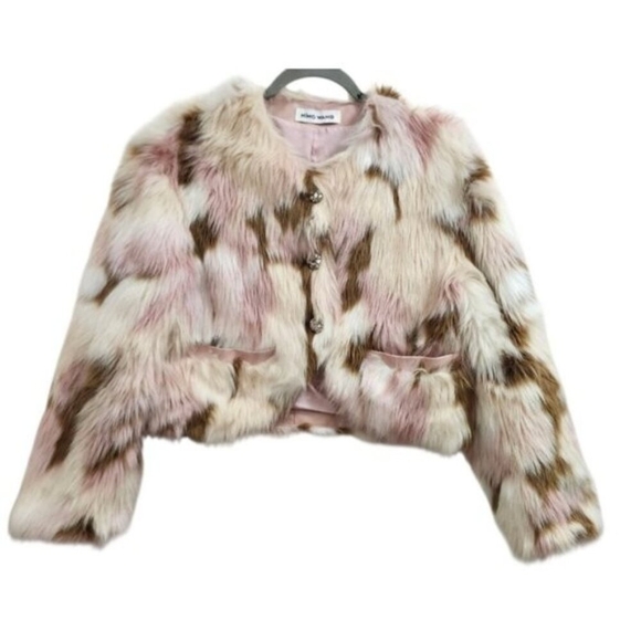 NIMO WANG Faux Fur Jacket Multicolor Pink Brown White |Boho Statement Outerwear - Picture 2 of 12